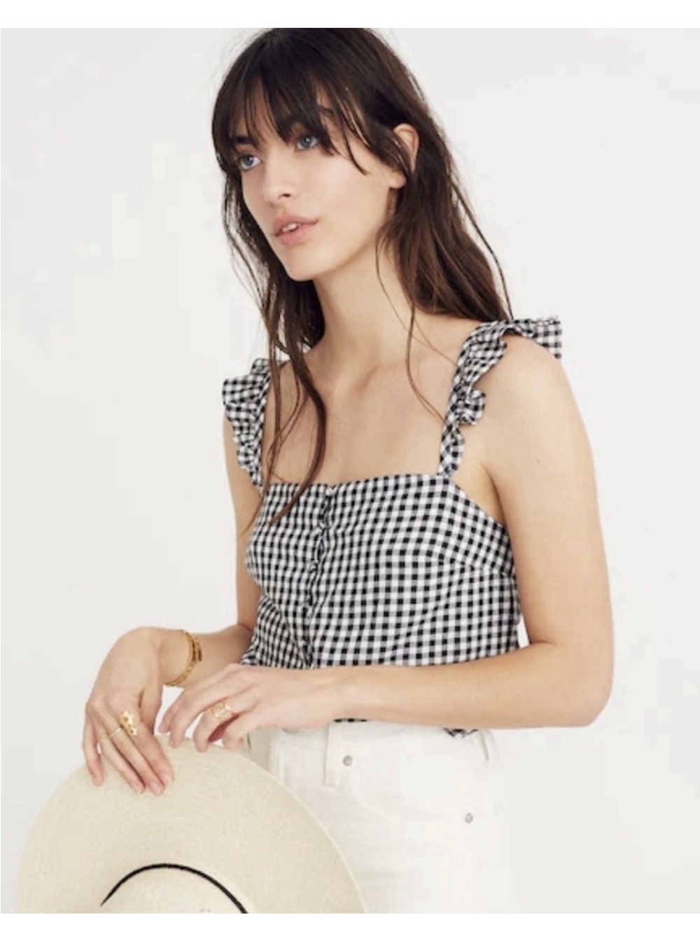 Madewell Linen Blend Gingham Racerback Tank in Black and White, Size 6